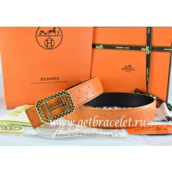 Copy Hermes Reversible Belt Orange/Black Ostrich Stripe Leather With 18K Gold Lace Strip H Buckle QY00861