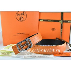 Copy Hermes Reversible Belt Orange/Black Ostrich Stripe Leather With 18K Silver Lace Strip H Buckle QY01523