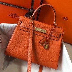 Copy Hot Hermes Orange Clemence Kelly 25cm GHW Handbag QY01695