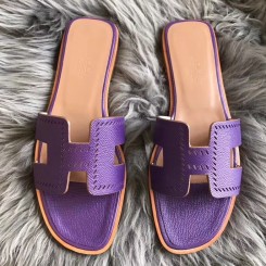 Designer Hermes Oran Perforated Sandals In Purple Epsom Leather QY01897