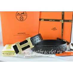 Designer Hermes Reversible Belt Black/Black Ostrich Stripe Leather With 18K Drawbench Gold H Buckle QY01513