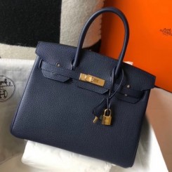 Fake AAA Hermes Navy Blue Clemence Birkin 30cm Handbag QY00266