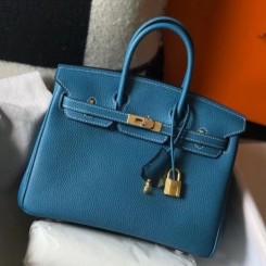 Fake Hermes Birkin 25cm Handbag In Blue Jean Clemence Leather QY02326