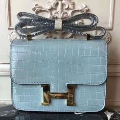 Fake Hermes Blue Lin Constance MM 24cm Crocodile Handbag QY02007