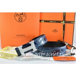 Fake Hermes Reversible Belt Blue/Black Crocodile Stripe Leather With18K Silver H Buckle QY01210