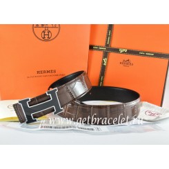 Fake Hermes Reversible Belt Brown/Black Crocodile Stripe Leather With18K Black Silver Width H Buckle QY01046