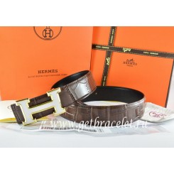 Fake Hermes Reversible Belt Brown/Black Crocodile Stripe Leather With18K White Gold H Buckle QY01764