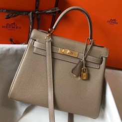 First-class Quality Hermes Grey Clemence Kelly 32cm Retourne Handbag QY01834