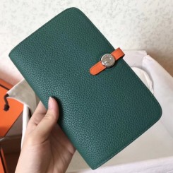 Hermes Bicolor Dogon Duo Wallet In Malachite/Orange Leather QY02045