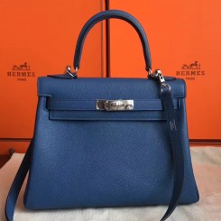 Hermes Blue Agate Clemence Kelly Retourne 28cm Handmade Bag QY00597
