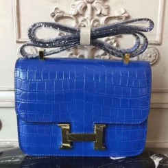 Hermes Blue Constance MM 24cm Crocodile Handbag QY00160