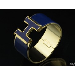Hermes Blue Enamel Clic H Bracelet Narrow Width (33mm) In Gold QY01898