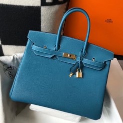 Replica Hermes Birkin 25cm Bag In Blue Jean Clemence Leather GHW