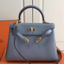 Hermes Blue Lin Clemence Kelly 25cm GHW Bag QY00613