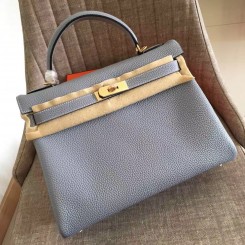 Hermes Blue Lin Clemence Kelly Retourne 32cm Handmade Bag QY01800