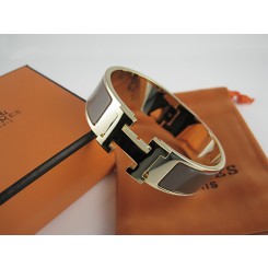 Hermes Brown Enamel Clic H Bracelet Narrow Width (18mm) In Gold QY01073