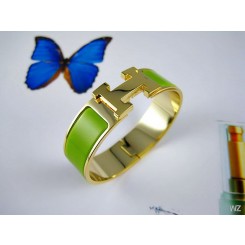 Hermes Green Enamel Clic H Bracelet Narrow Width (18mm) In Gold QY01278