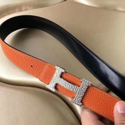 Hermes H Belt Buckle & Orange Clemence 32 MM Strap QY00771