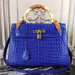 Hermes Kelly 32cm Bag In Blue Electric Crocodile Leather QY01951