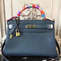 Hermes Navy Blue Clemence Kelly 28cm Bag QY00397