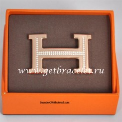 Hermes Reversible Belt 18k Rose Gold Plated H Buckle with Single Row Full Diamonds QY01851