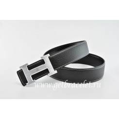 Hermes Reversible Belt Black/Black Classics H Togo Calfskin With 18k Silver With Logo Buckle QY01655