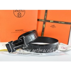 Hermes Reversible Belt Black/Black Crocodile Stripe Leather With18K Black Silver Width H Buckle QY00122