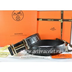 Hermes Reversible Belt Black/Black Crocodile Stripe Leather With18K Gold H au Carre Buckle QY02078