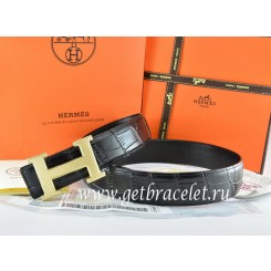 Hermes Reversible Belt Black/Black Crocodile Stripe Leather With18K Gold Wave Stripe H Buckle QY01168