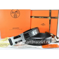 Hermes Reversible Belt Black/Black Crocodile Stripe Leather With18K Silver H Buckle QY01261