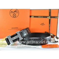 Hermes Reversible Belt Black/Black Crocodile Stripe Leather With18K Silver Wave Stripe H Buckle QY01093