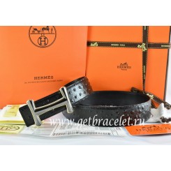 Hermes Reversible Belt Black/Black Ostrich Stripe Leather With 18K Black Gold Idem Buckle QY01770