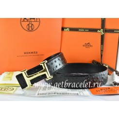 Hermes Reversible Belt Black/Black Ostrich Stripe Leather With 18K Gold Idem With Logo Buckle QY02312