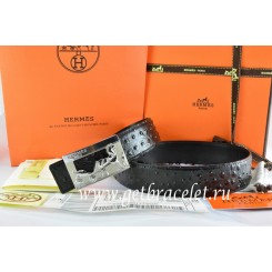 Hermes Reversible Belt Black/Black Ostrich Stripe Leather With 18K Silver Coach Buckle QY01871