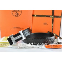 Hermes Reversible Belt Black/Black Ostrich Stripe Leather With 18K Silver Spot Stripe H Buckle QY00407