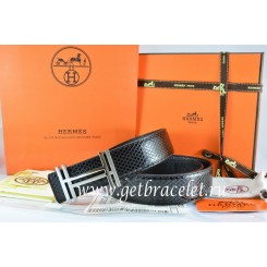 Hermes Reversible Belt Black/Black Snake Stripe Leather With 18K Silver H au Carre Buckle QY00759