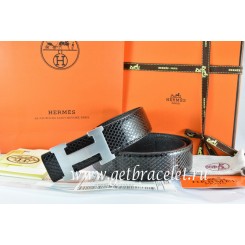 Hermes Reversible Belt Black/Black Snake Stripe Leather With 18K Silver H Buckle QY01271
