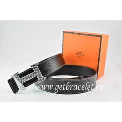 Hermes Reversible Belt Black/Black Togo Calfskin With 18k Gold Wave Stripe H Buckle QY00655