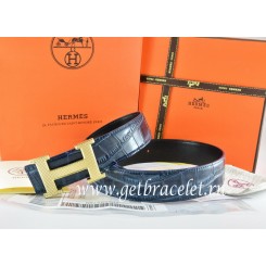 Hermes Reversible Belt Blue/Black Crocodile Stripe Leather With18K Gold Wave Stripe H Buckle QY01508
