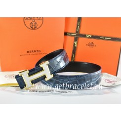 Hermes Reversible Belt Blue/Black Crocodile Stripe Leather With18K White Gold H Buckle QY00455
