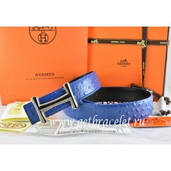 Hermes Reversible Belt Blue/Black Ostrich Stripe Leather With 18K Black Gold Idem Buckle QY01974