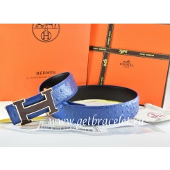 Hermes Reversible Belt Blue/Black Ostrich Stripe Leather With 18K Black Silver Width H Buckle QY02311