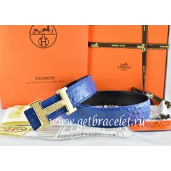 Hermes Reversible Belt Blue/Black Ostrich Stripe Leather With 18K Gold Bamboo Strip H Buckle QY02034