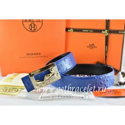 Hermes Reversible Belt Blue/Black Ostrich Stripe Leather With 18K Gold Coach Buckle QY00528