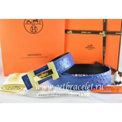 Hermes Reversible Belt Blue/Black Ostrich Stripe Leather With 18K Gold H Logo Buckle QY01821