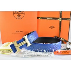 Hermes Reversible Belt Blue/Black Ostrich Stripe Leather With 18K Gold Weave Stripe H Buckle QY00410