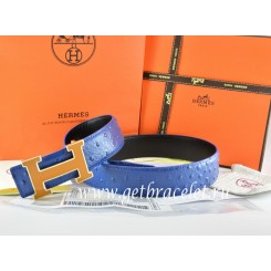 Hermes Reversible Belt Blue/Black Ostrich Stripe Leather With 18K Orange Gold Width H Buckle QY02172