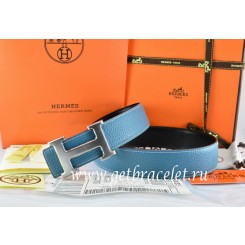 Hermes Reversible Belt Blue/Black Togo Calfskin With 18k Drawbench Silver H Buckle QY00614