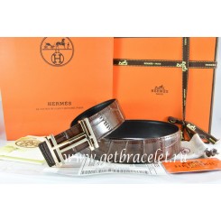 Hermes Reversible Belt Brown/Black Crocodile Stripe Leather With18K Gold H au Carre Buckle QY01443