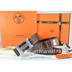 Hermes Reversible Belt Brown/Black Crocodile Stripe Leather With18K Silver H Buckle QY02185